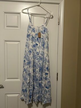 White Maxi Sundress with Blue Floral Print